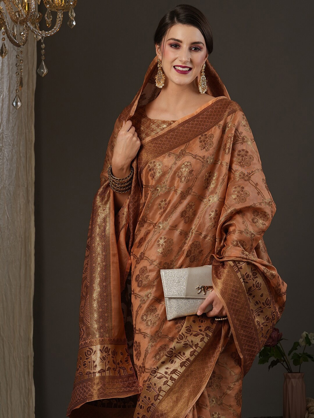 

Saree mall Peach-Coloured & Copper-Toned Woven Design Zari Silk Blend Dharmavaram Sarees