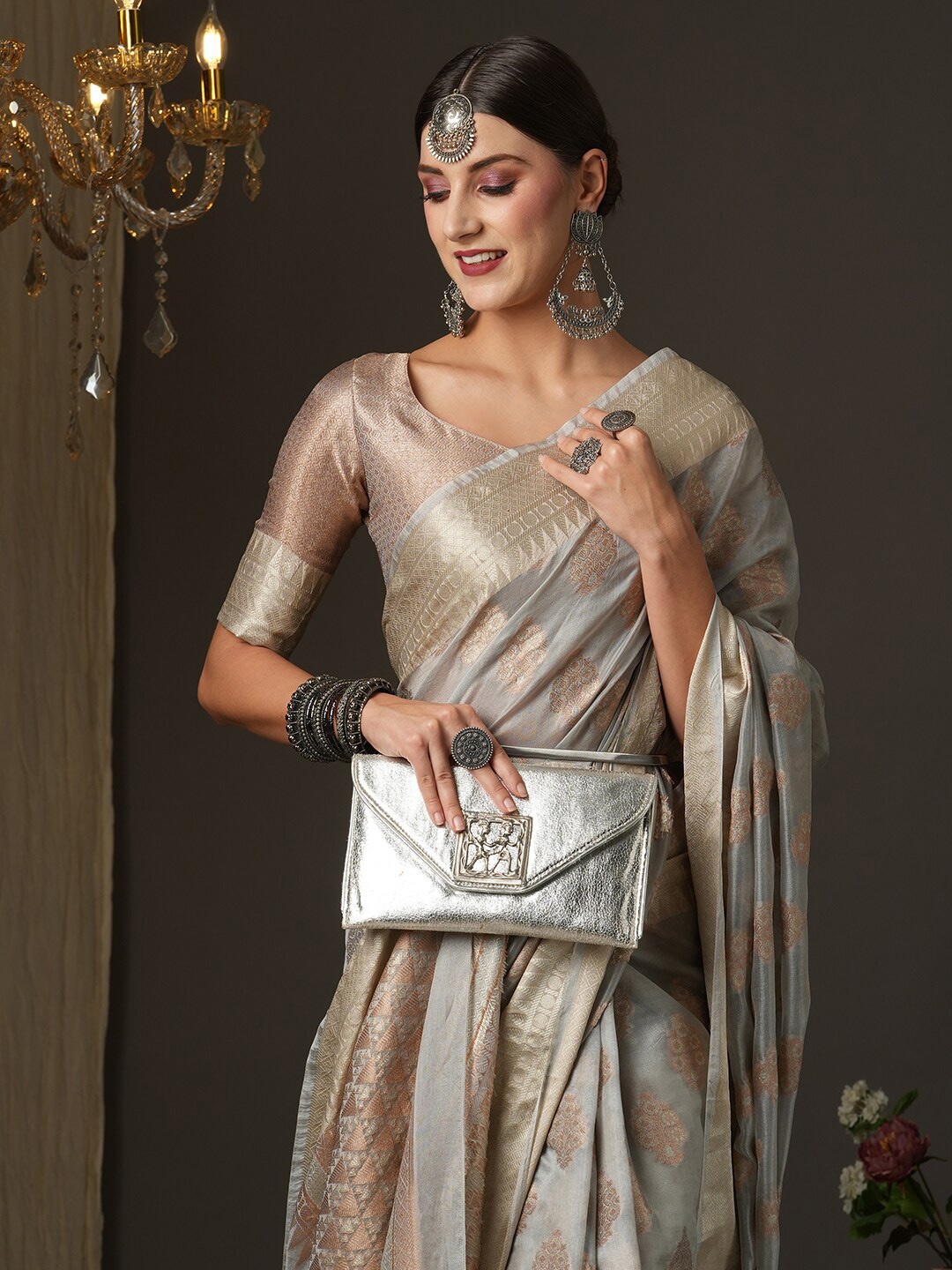 

Saree mall Grey & Gold-Toned Woven Design Zari Organza Dabu Sarees