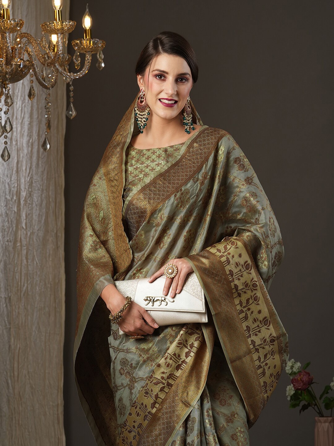 

Saree mall Grey & Gold-Toned Woven Design Zari Silk Blend Dharmavaram Sarees