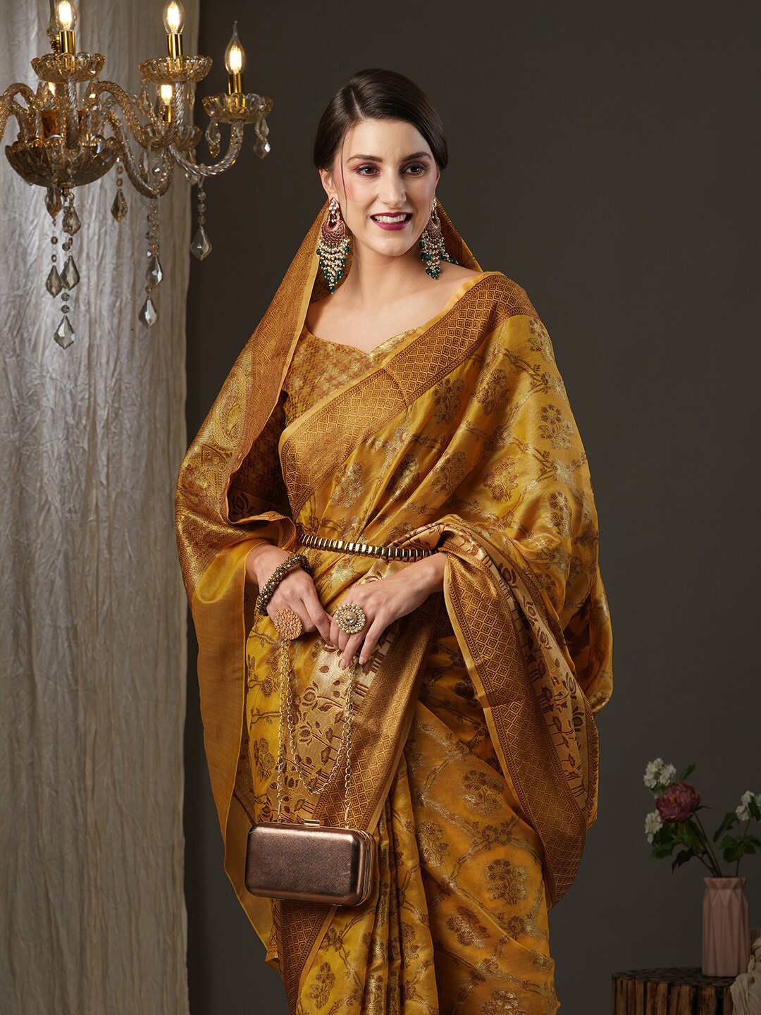 

Saree mall Mustard & Gold-Toned Woven Design Zari Silk Blend Dharmavaram Sarees