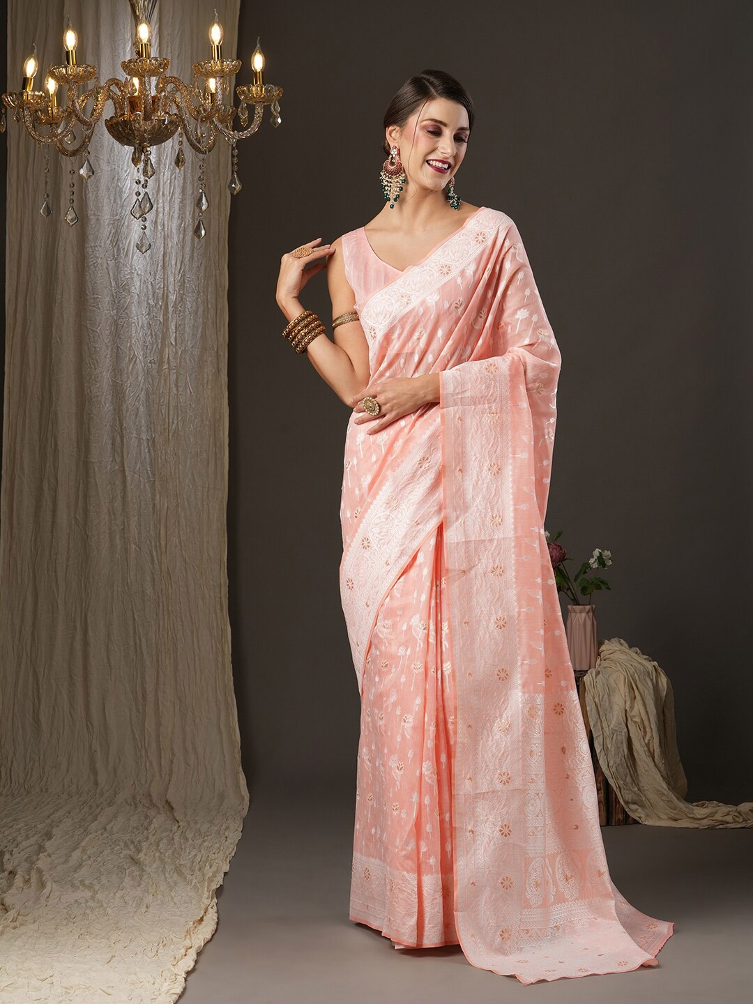 

Saree mall Peach-Coloured Woven Design Zari Silk Cotton Muga Sarees