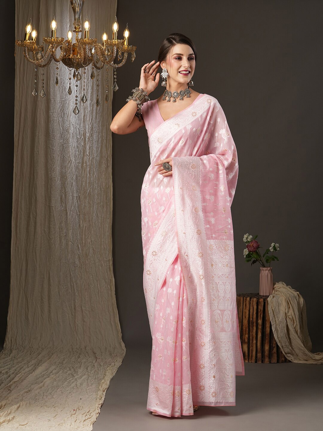 

Saree mall Pink & Silver-Toned Woven Design Zari Silk Cotton Muga Sarees