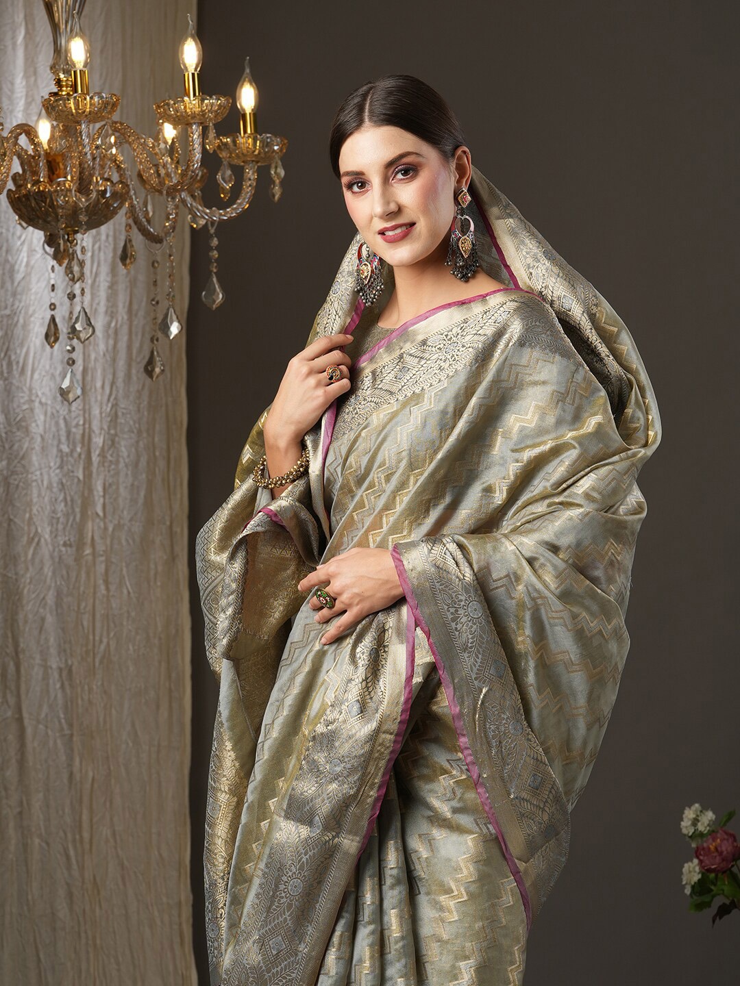 

Saree mall Grey & Gold-Toned Woven Design Zari Silk Blend Muga Sarees