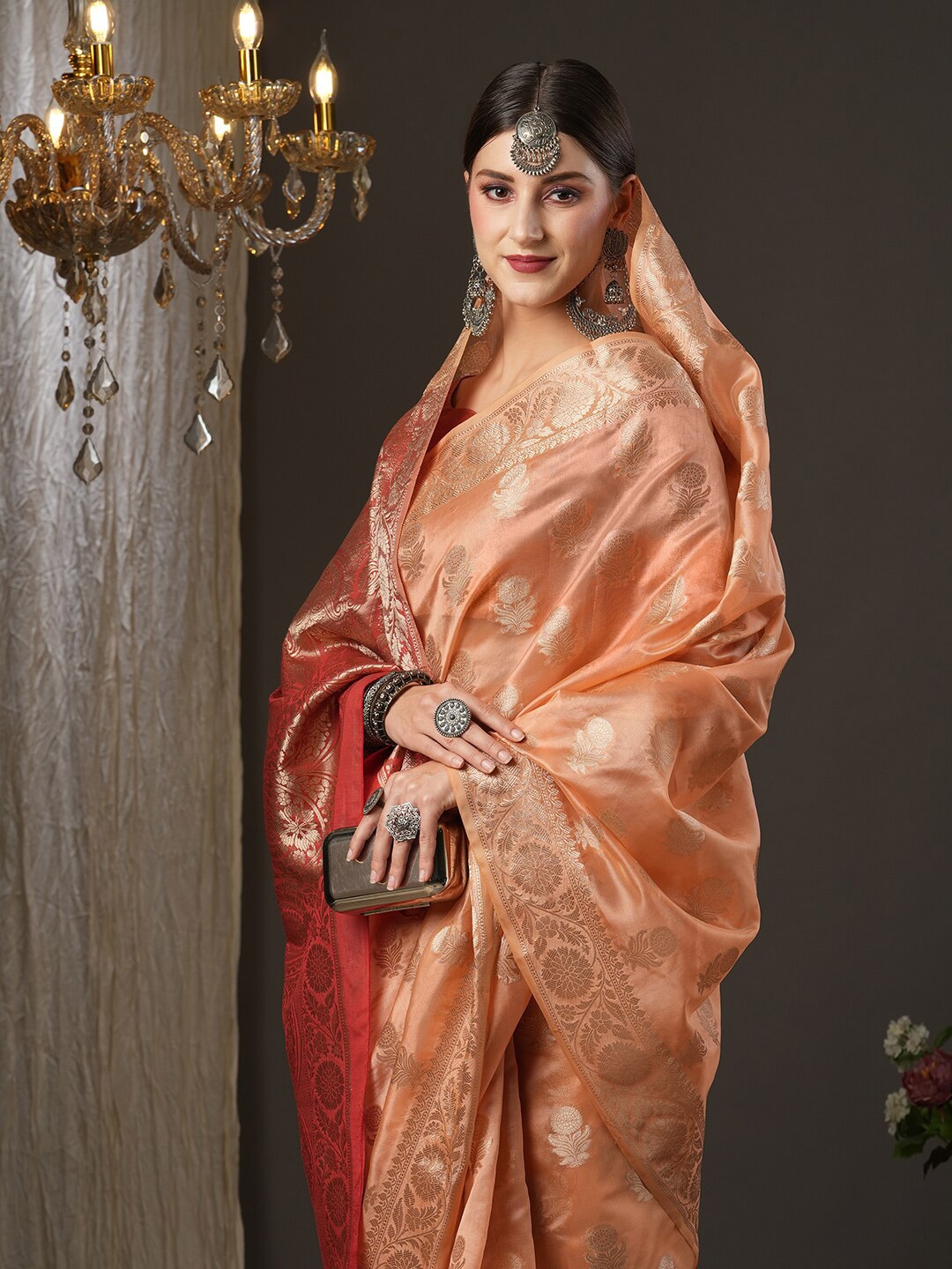 

Saree mall Peach-Coloured & Gold-Toned Woven Design Zari Organza Muga Sarees