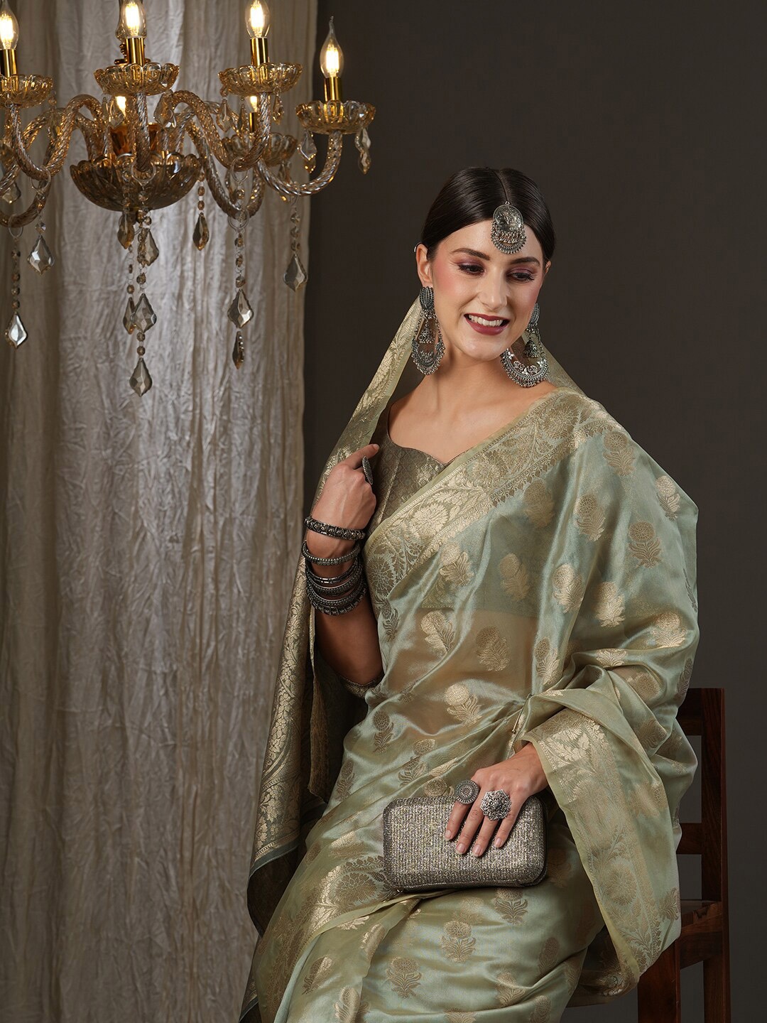 

Saree mall Grey & Gold-Toned Woven Design Zari Organza Muga Sarees