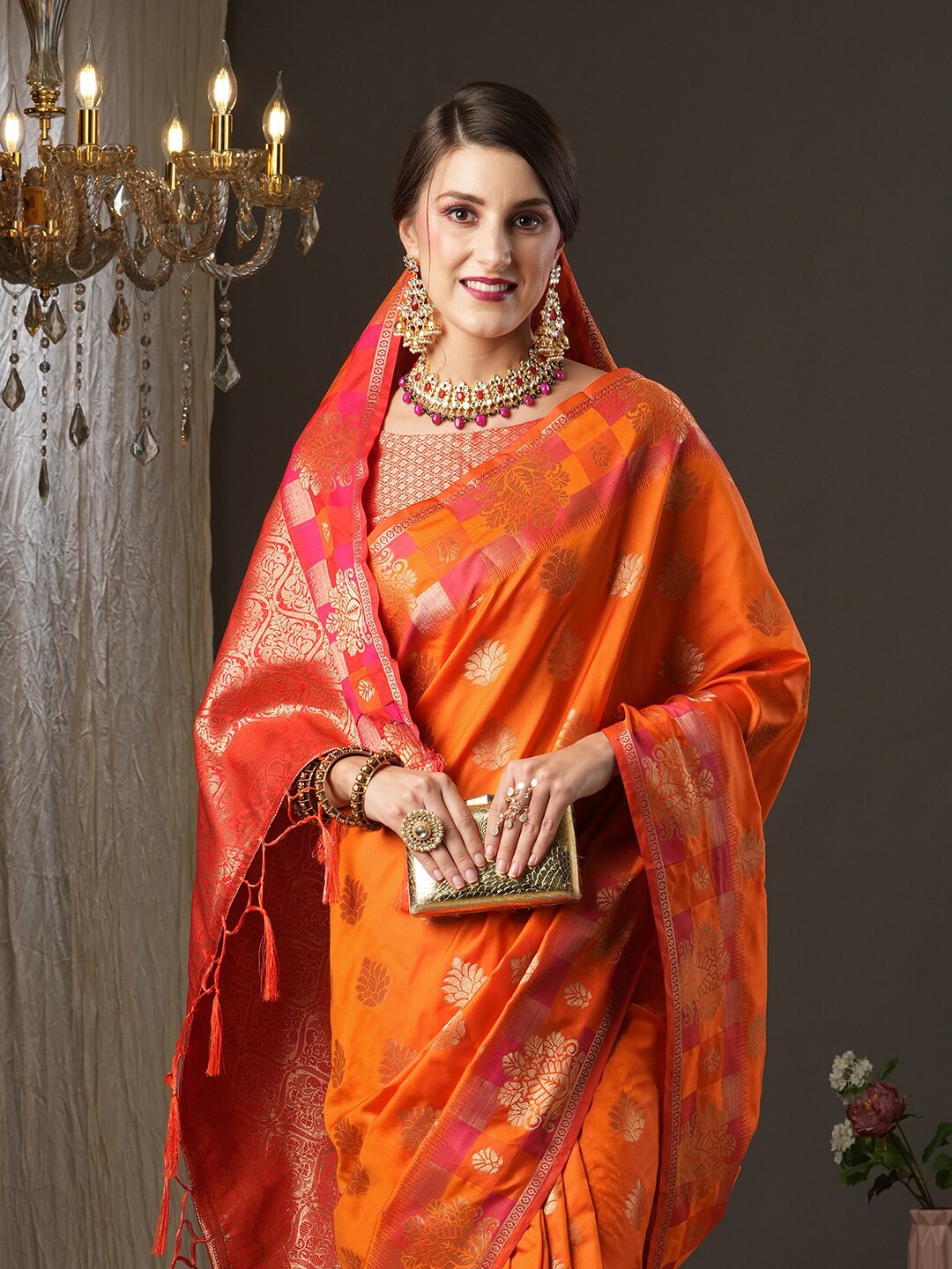 

Saree mall Orange & Pink Woven Design Zari Silk Blend Paithani Sarees