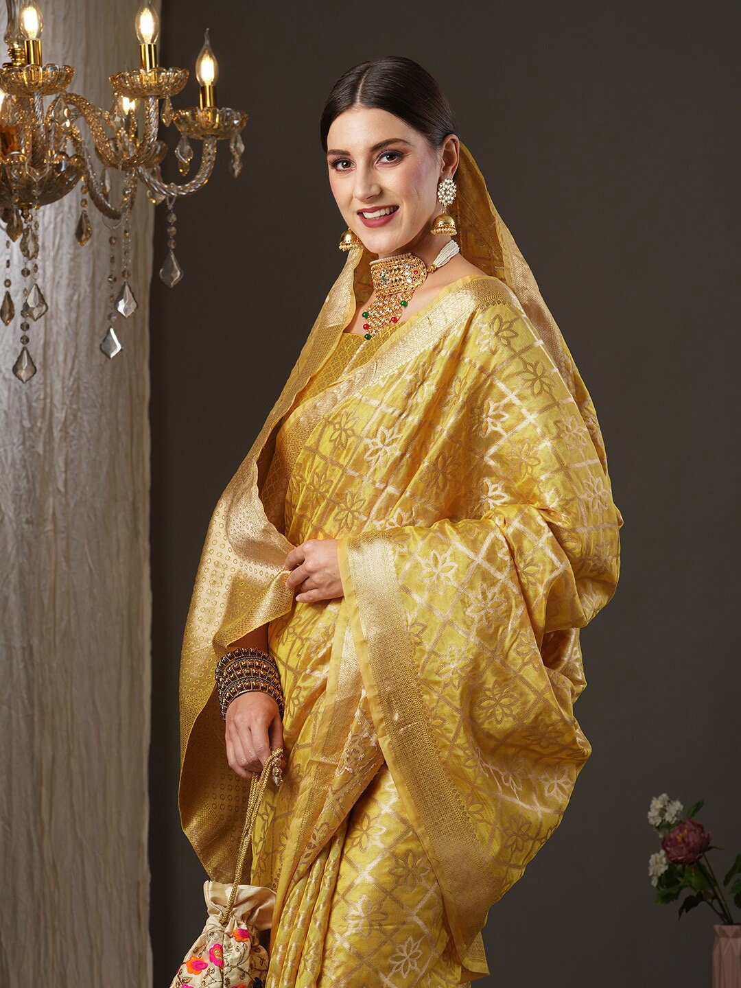 

Saree mall Yellow & Gold-Toned Woven Design Zari Organza Banarasi Sarees