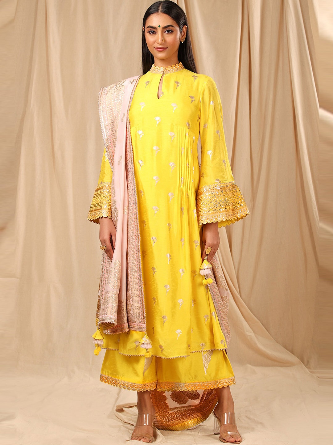 

Masaba Women Yellow Ethnic Motifs Printed Raw Silk Kurta with Palazzos & With Dupatta