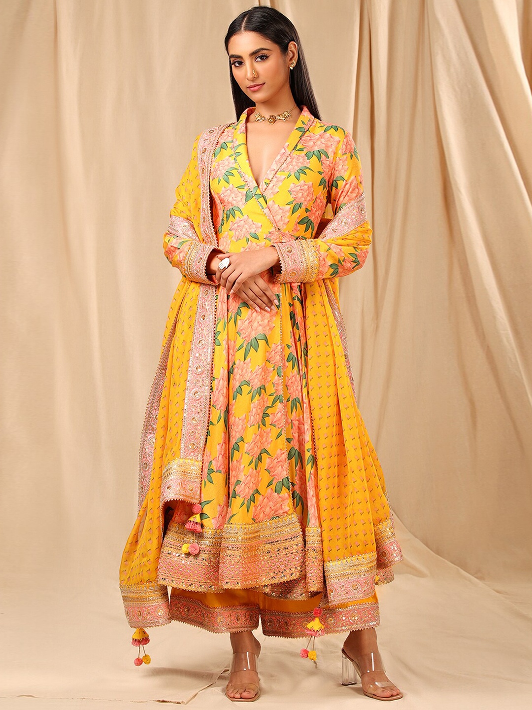 

Masaba Women Yellow Floral Printed Raw Silk Kurta with Palazzos & With Dupatta