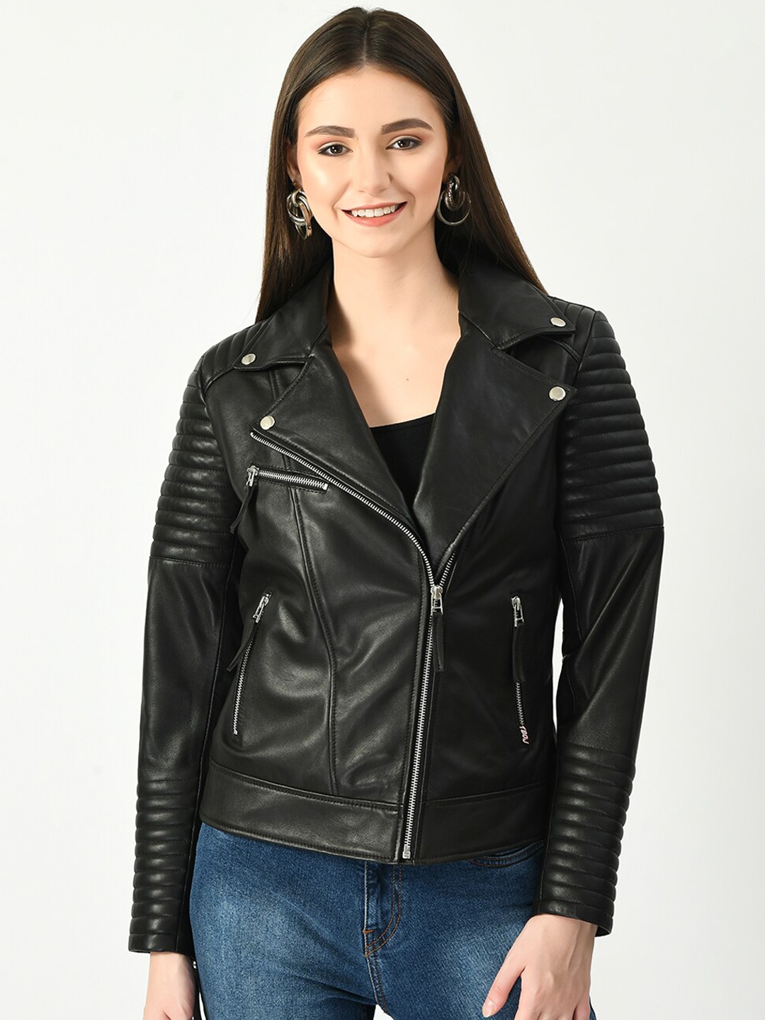 

TBOJ Women Black Leather Lightweight Biker Jacket
