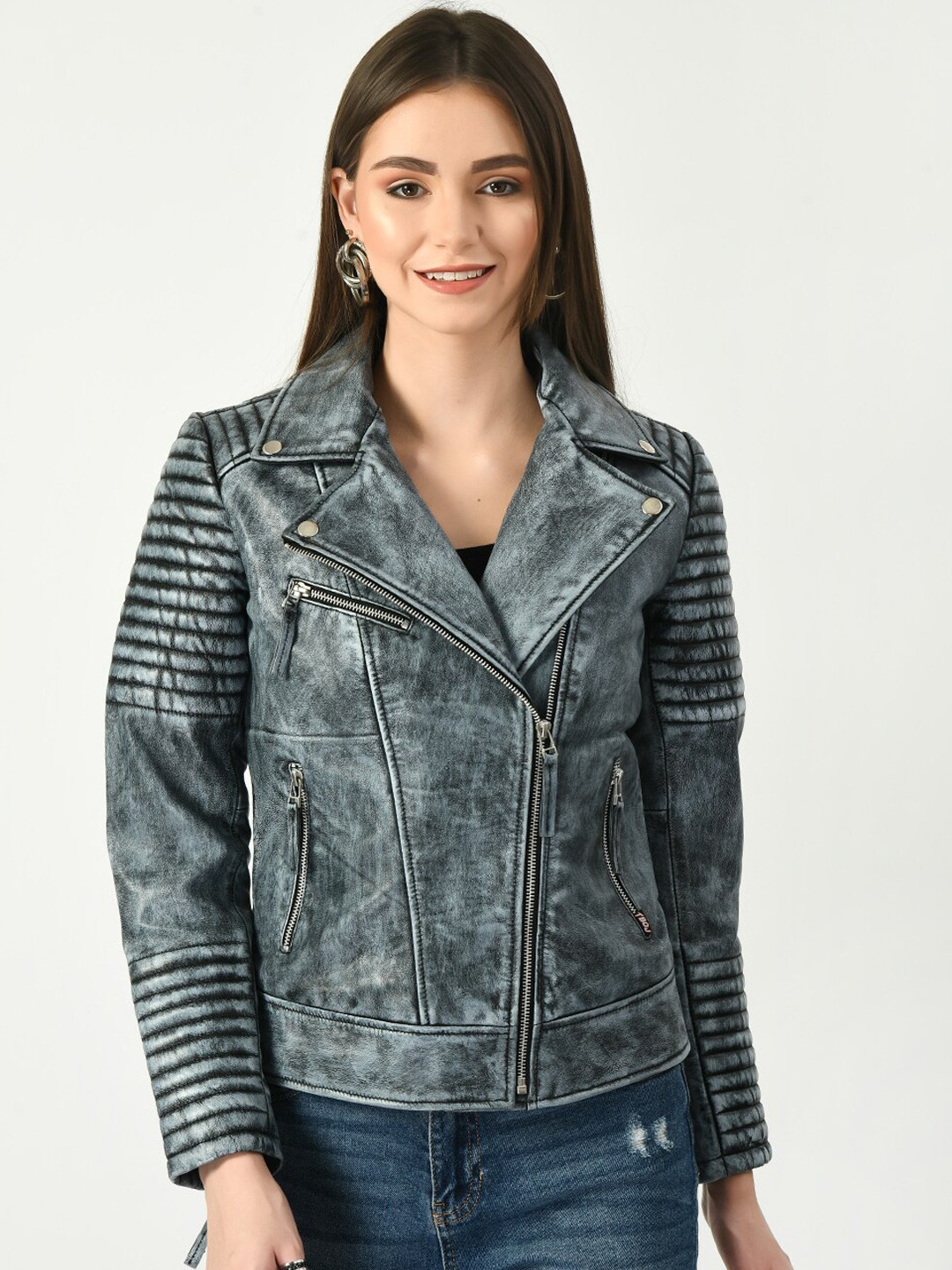 

TBOJ Women Blue Camouflage Leather Lightweight Leather Jacket