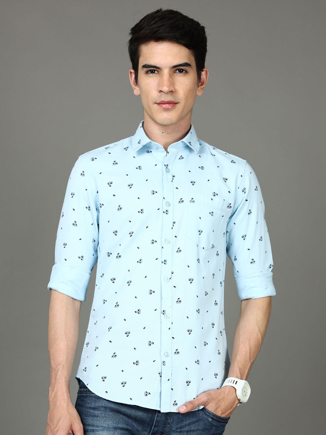 

Bushirt Men Blue Classic Printed Cotton Casual Shirt