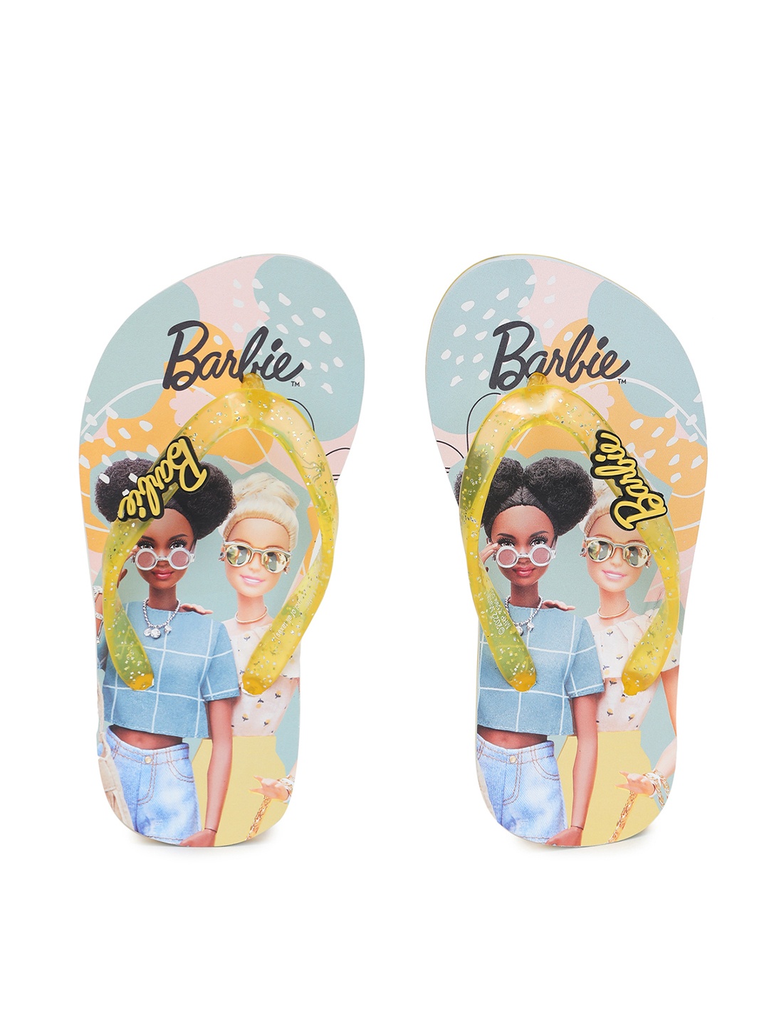 

toothless Girls Yellow & Blue Barbie Printed Rubber Thong Flip-Flops