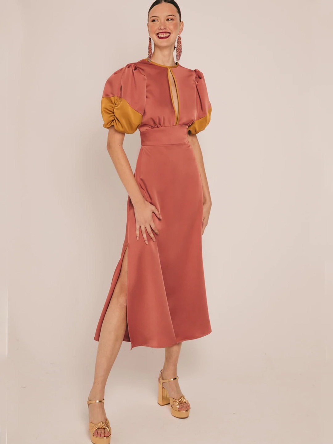 

KHUSHBOO AND PANKAJ Women Rust Satin A-Line Midi Dress