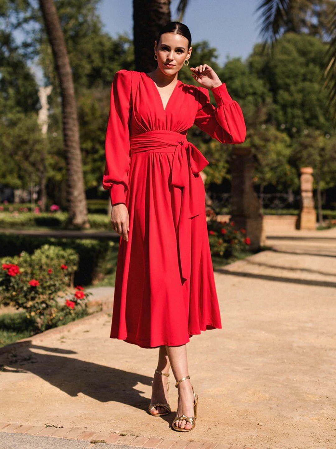 

KHUSHBOO AND PANKAJ Women Red Crepe Empire Midi Dress