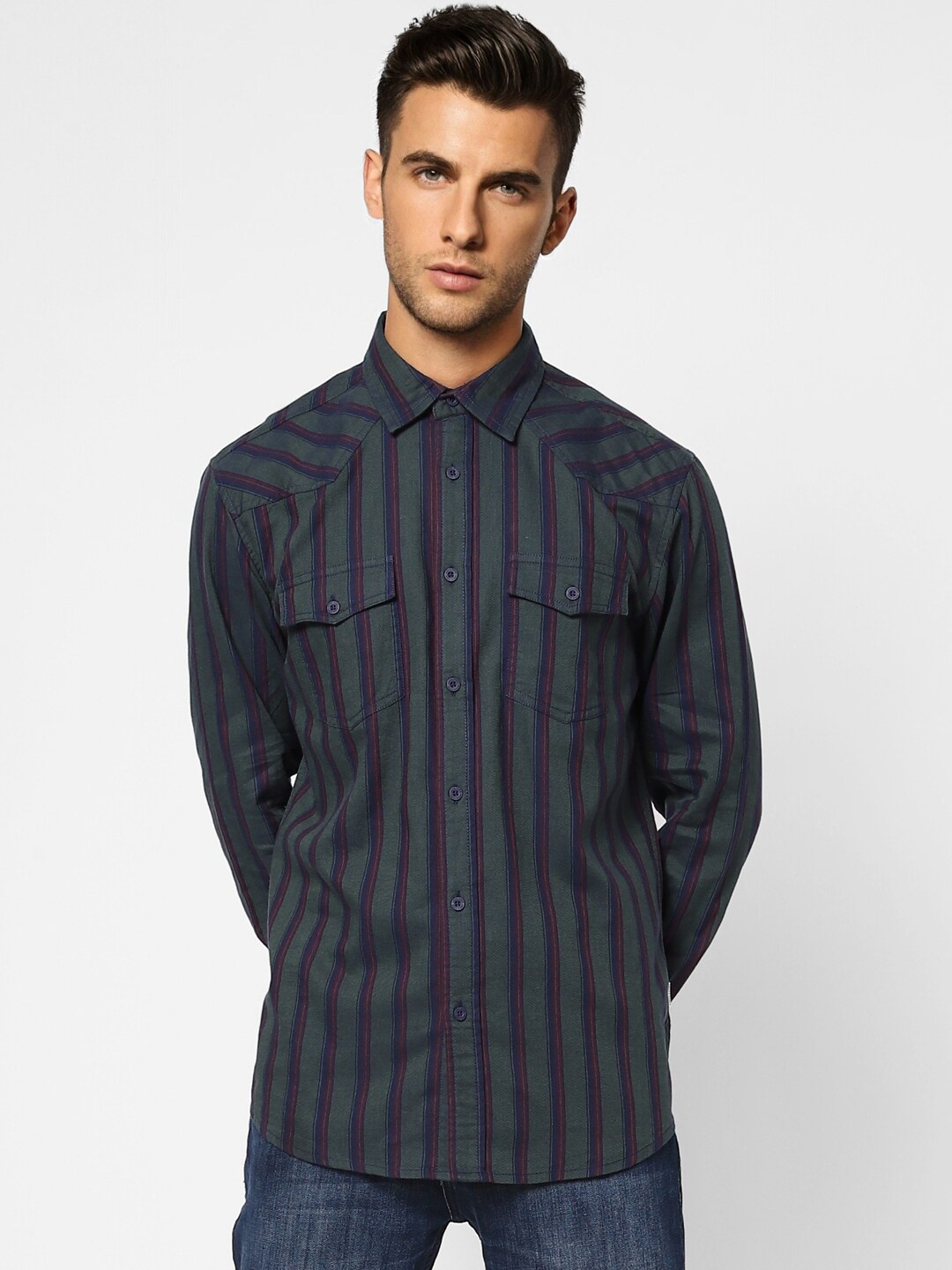 

Jack & Jones Men Green Striped Cotton Casual Shirt