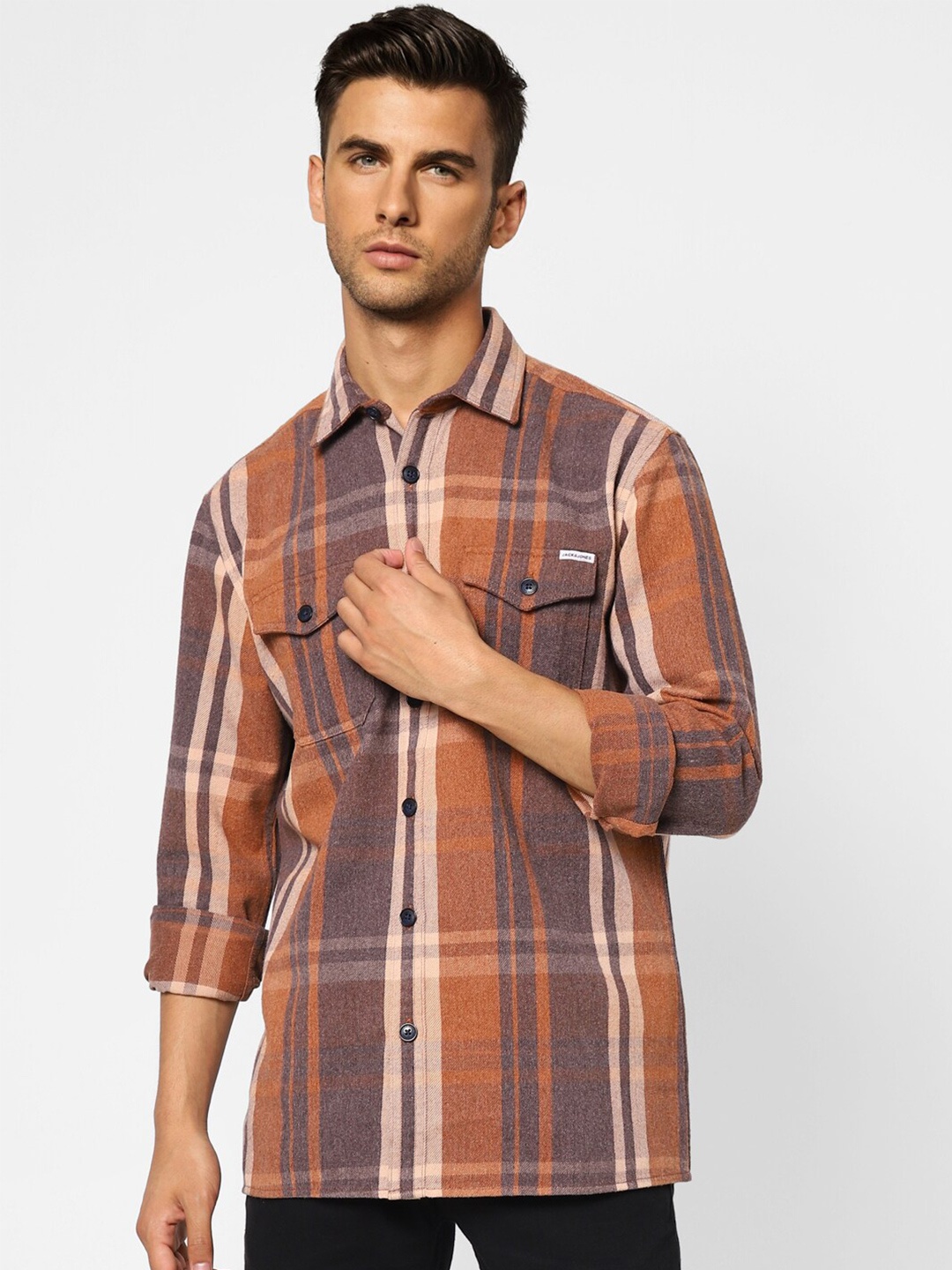 

Jack & Jones Men Brown Tartan Checks Cotton Casual Shirt