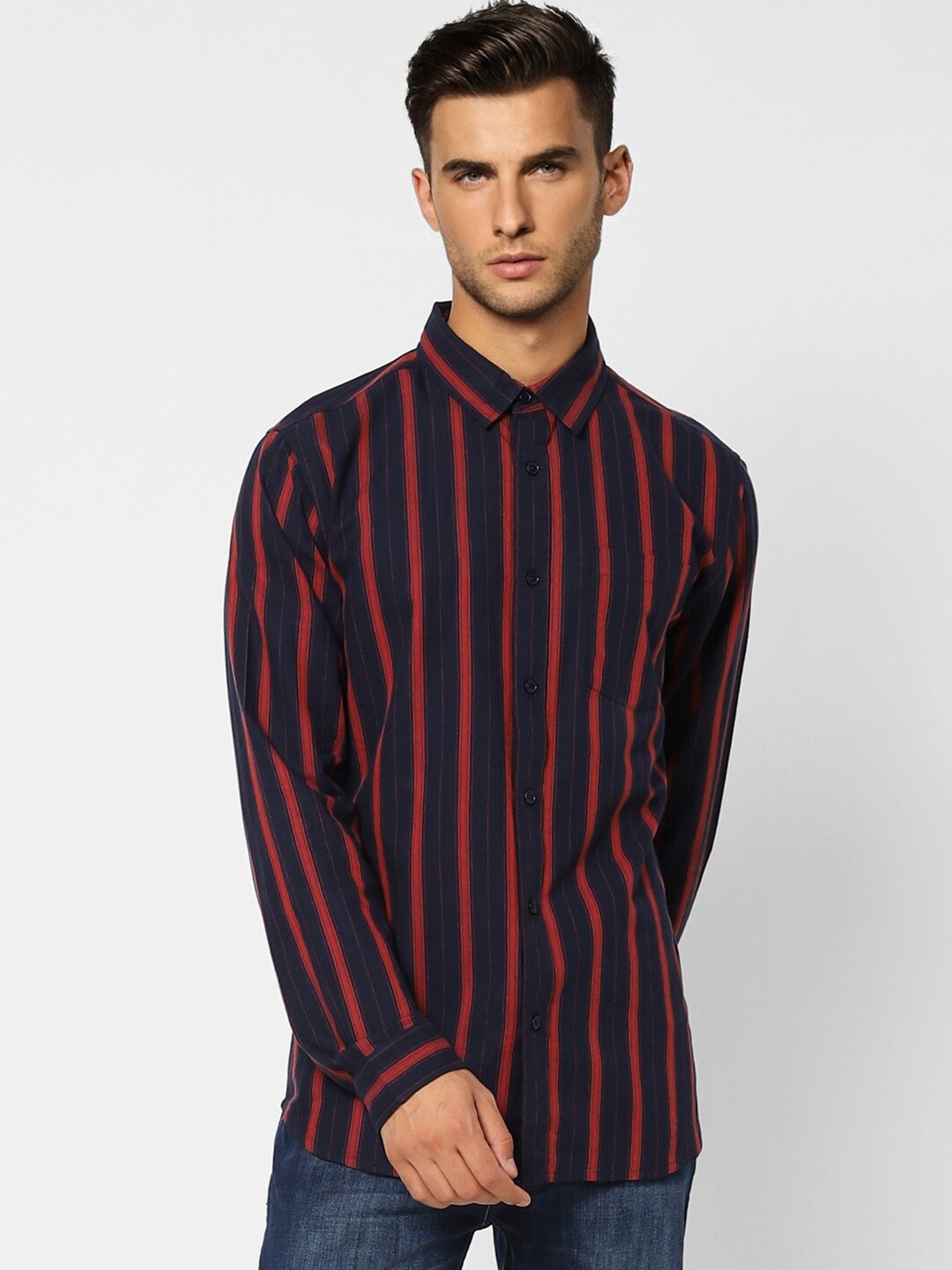 

Jack & Jones Men Striped Casual Cotton Shirt, Navy blue