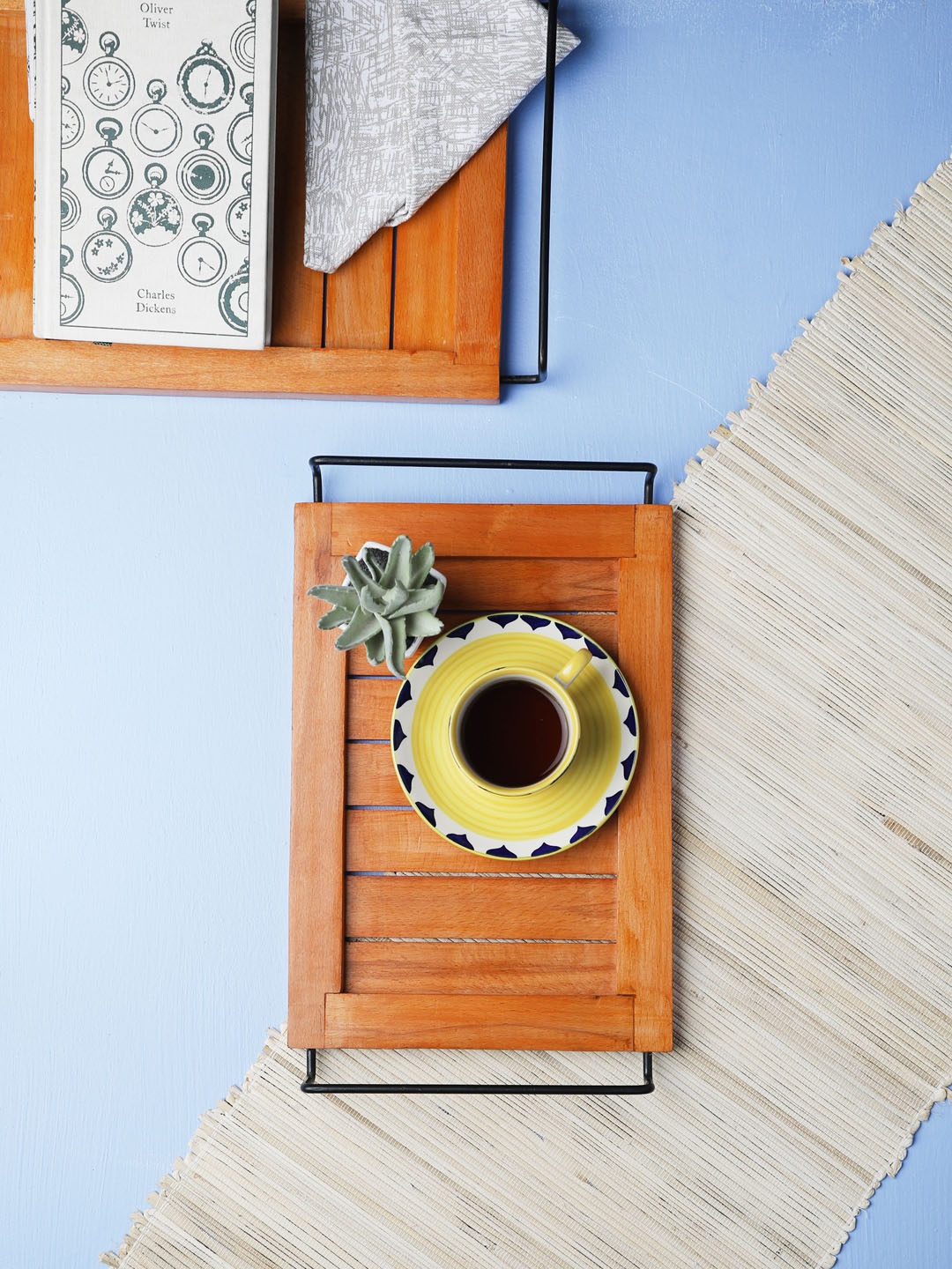 

VarEesha Orange Set of 2 Handcrafted Sheesham Wood Serving Trays with Iron Handle