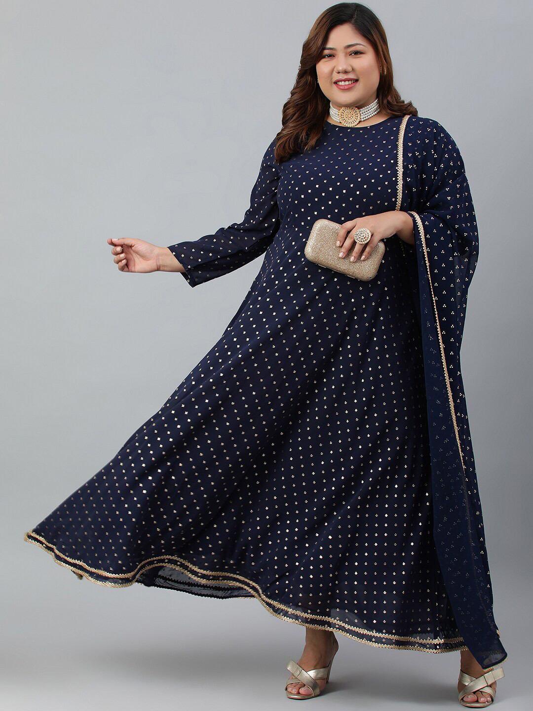 

XL LOVE by Janasya Plus Size Round Neck Printed A-line Kurta With Dupatta, Navy blue