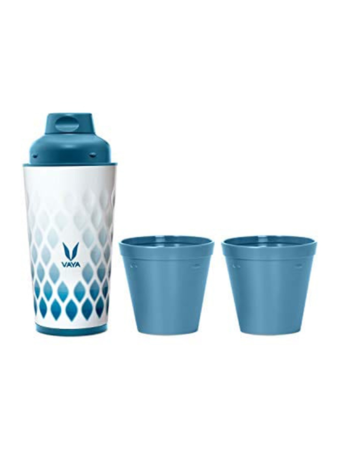 

Vaya White & Blue Printed Stainless Steel Water Bottle With Two Gulper Cups 600 ml