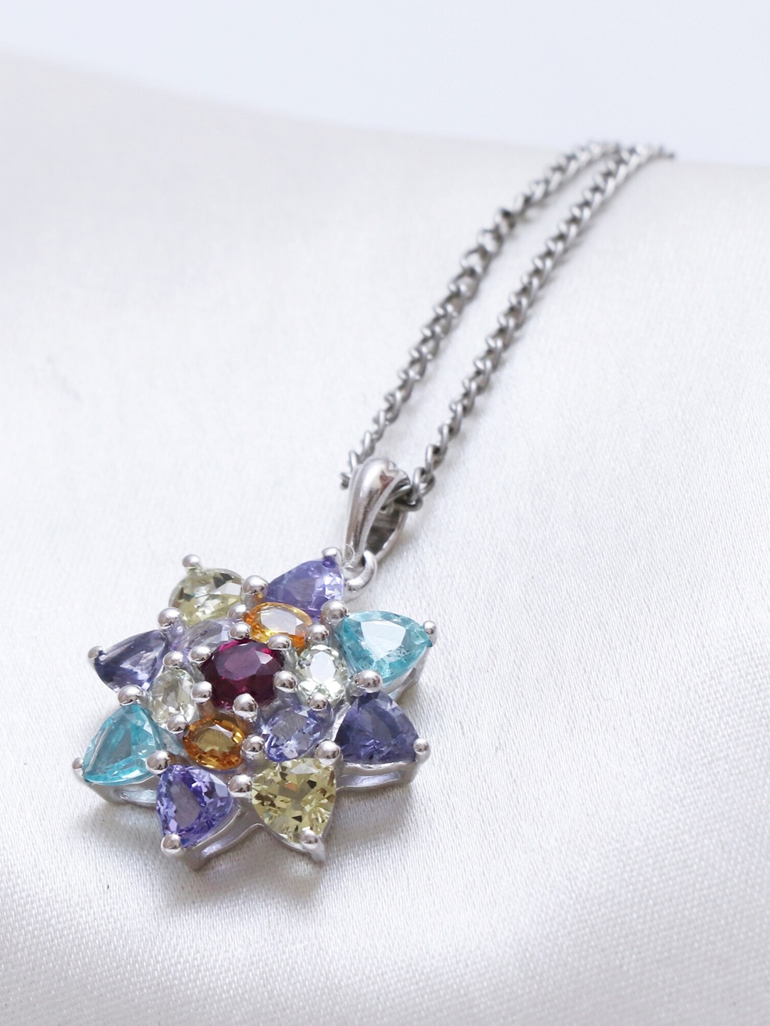 

HIFLYER JEWELS Blue & Silver-Toned Rhodium-Plated Stone Studded Pendant With Chain