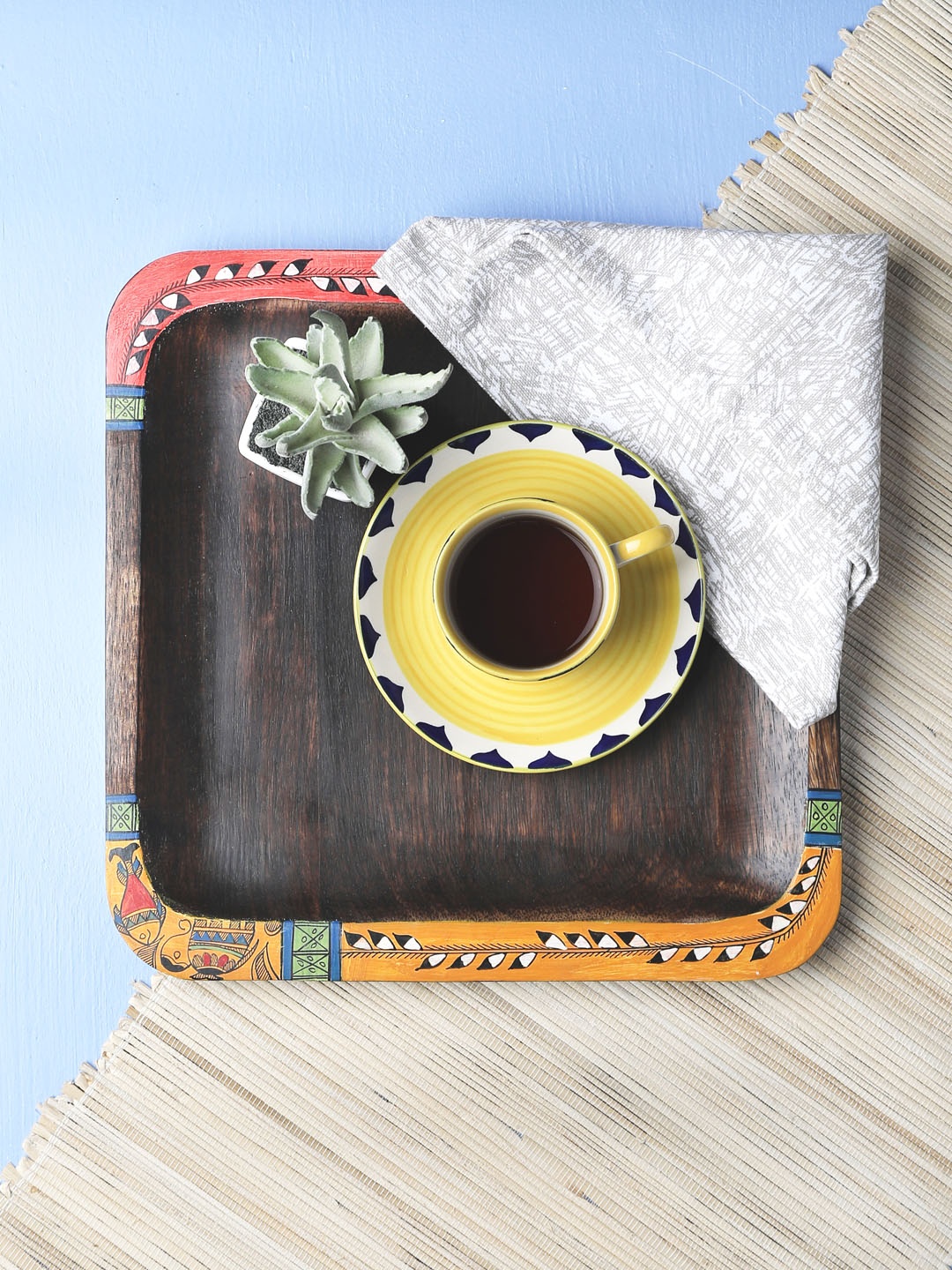 

VarEesha Brown Square Handcrafted Warli Painted Mango Wood Tray