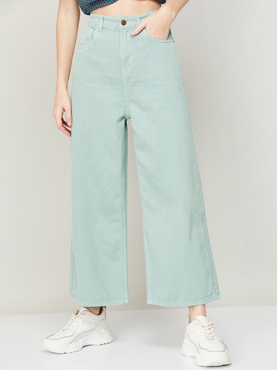 

Ginger by Lifestyle Women Sea Green Flared High-Rise Cotton Jeans