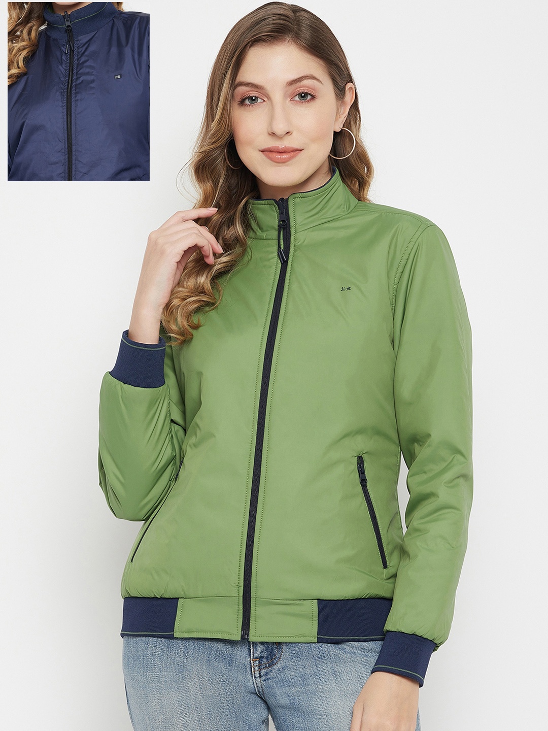 

Okane Women Olive Green & Navy Blue Reversible Bomber Jacket