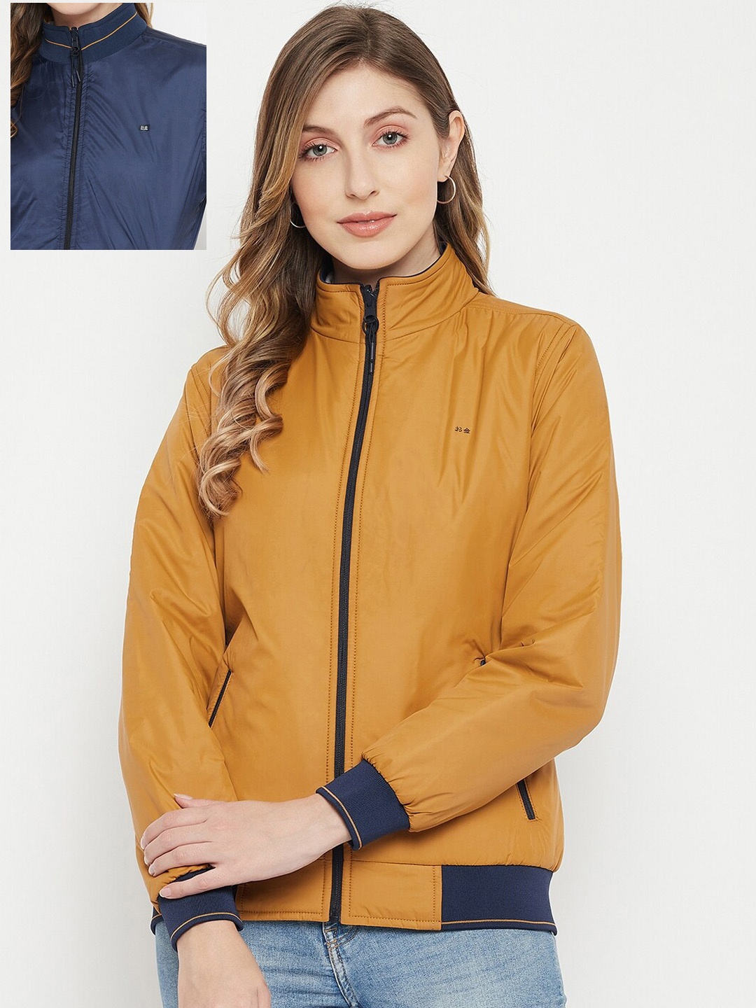 

Okane Women Mustard Yellow & Navy Blue Reversible Bomber Jacket