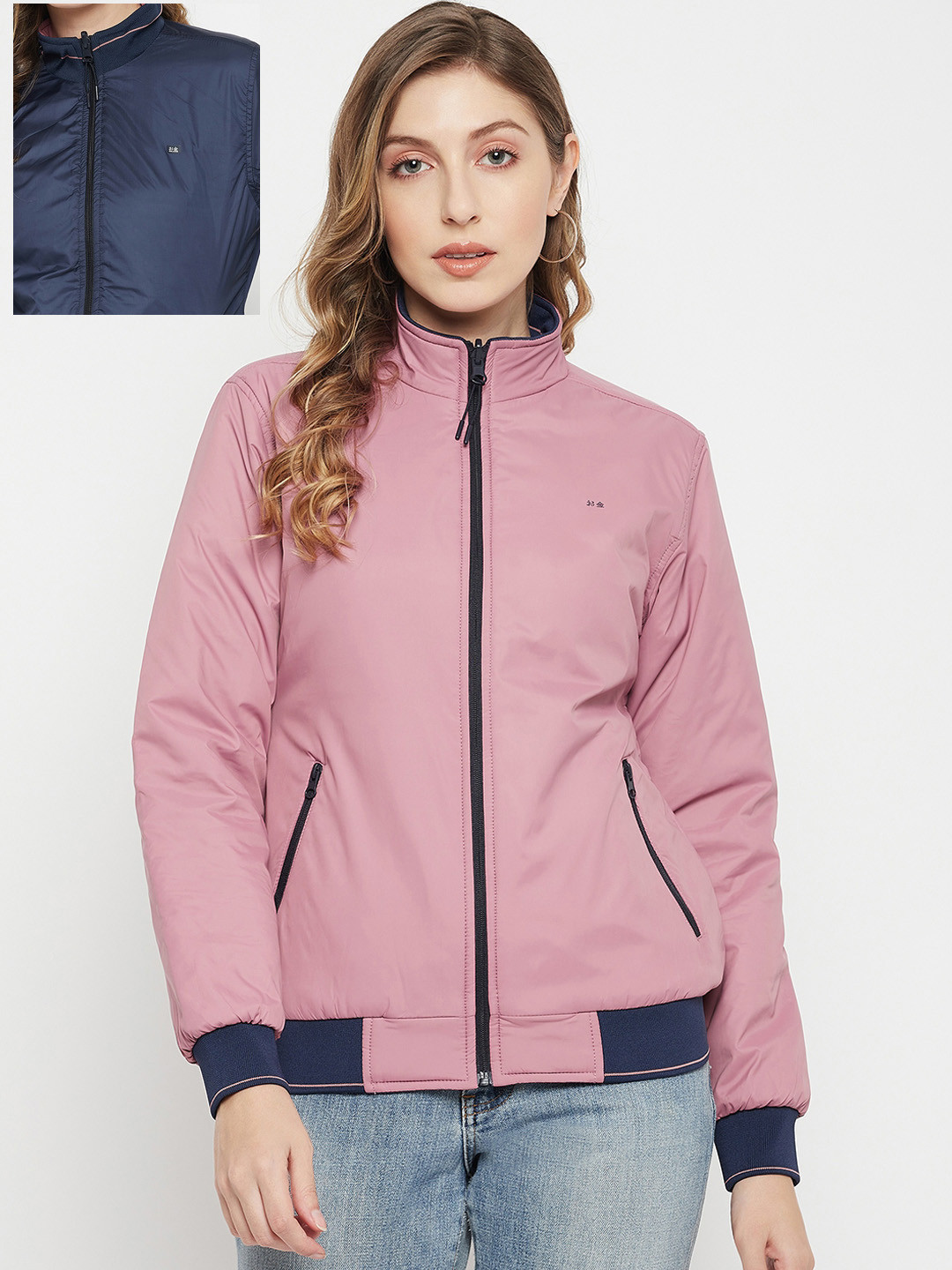 

Okane Women Plus Size Pink & Navy Blue Reversible Bomber Jacket