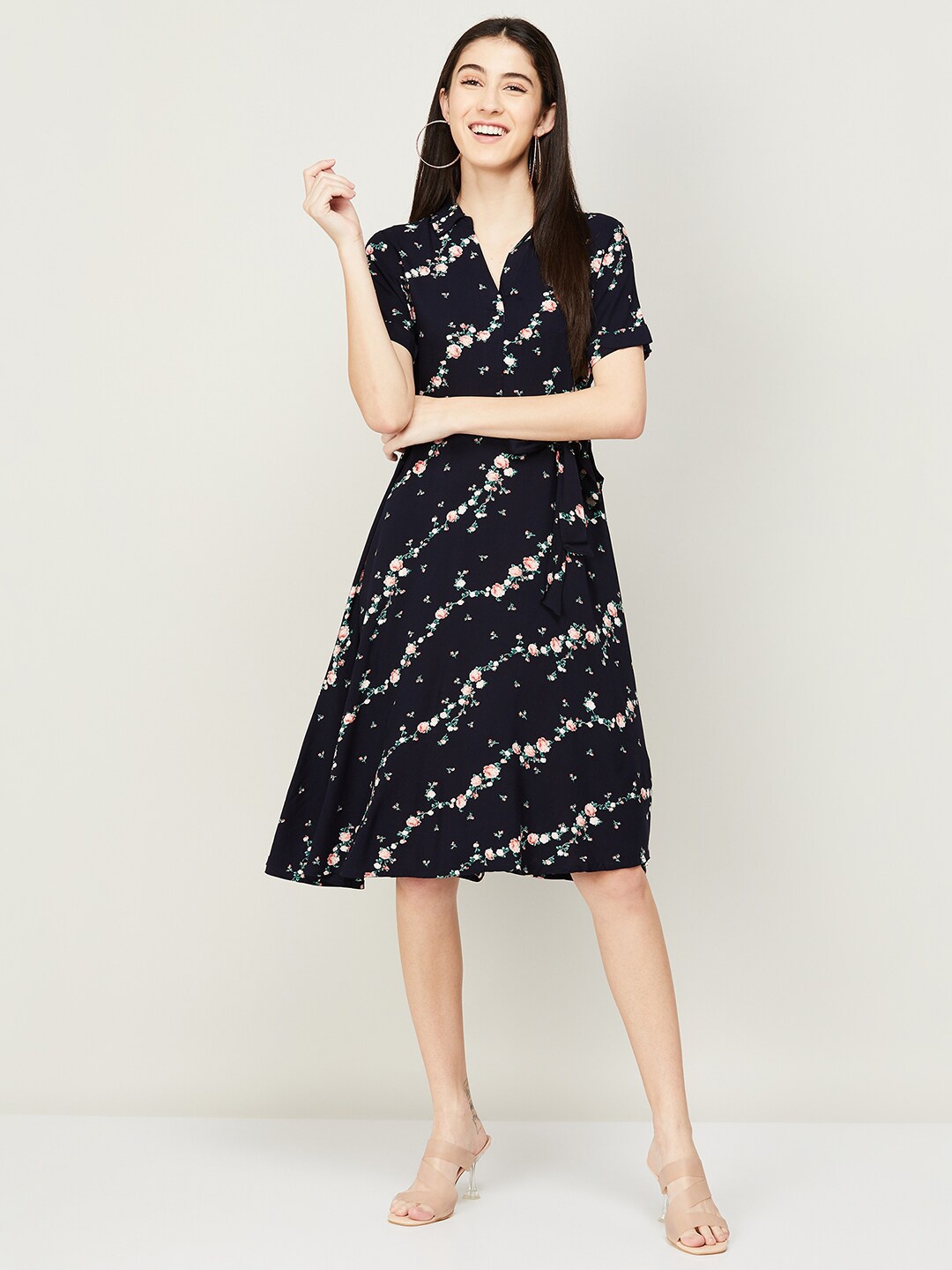 

CODE by Lifestyle Floral Printed Fit and Flare Shirt Collar Dress, Black