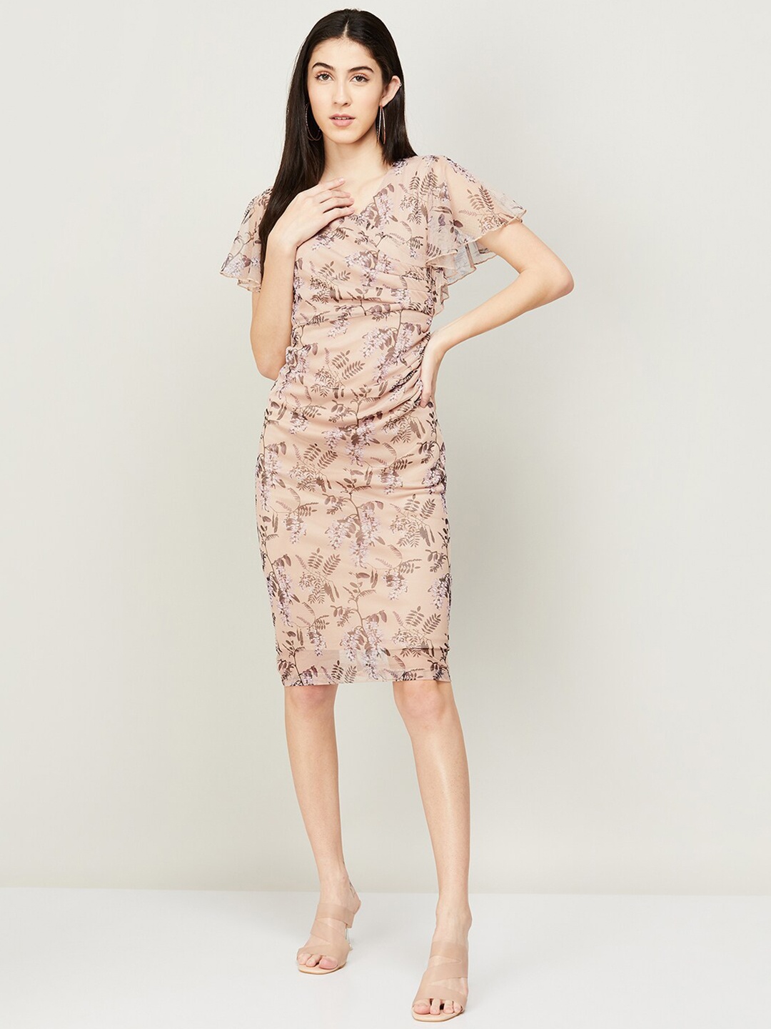

CODE by Lifestyle Women Beige Floral V-Neck Sheath Dress