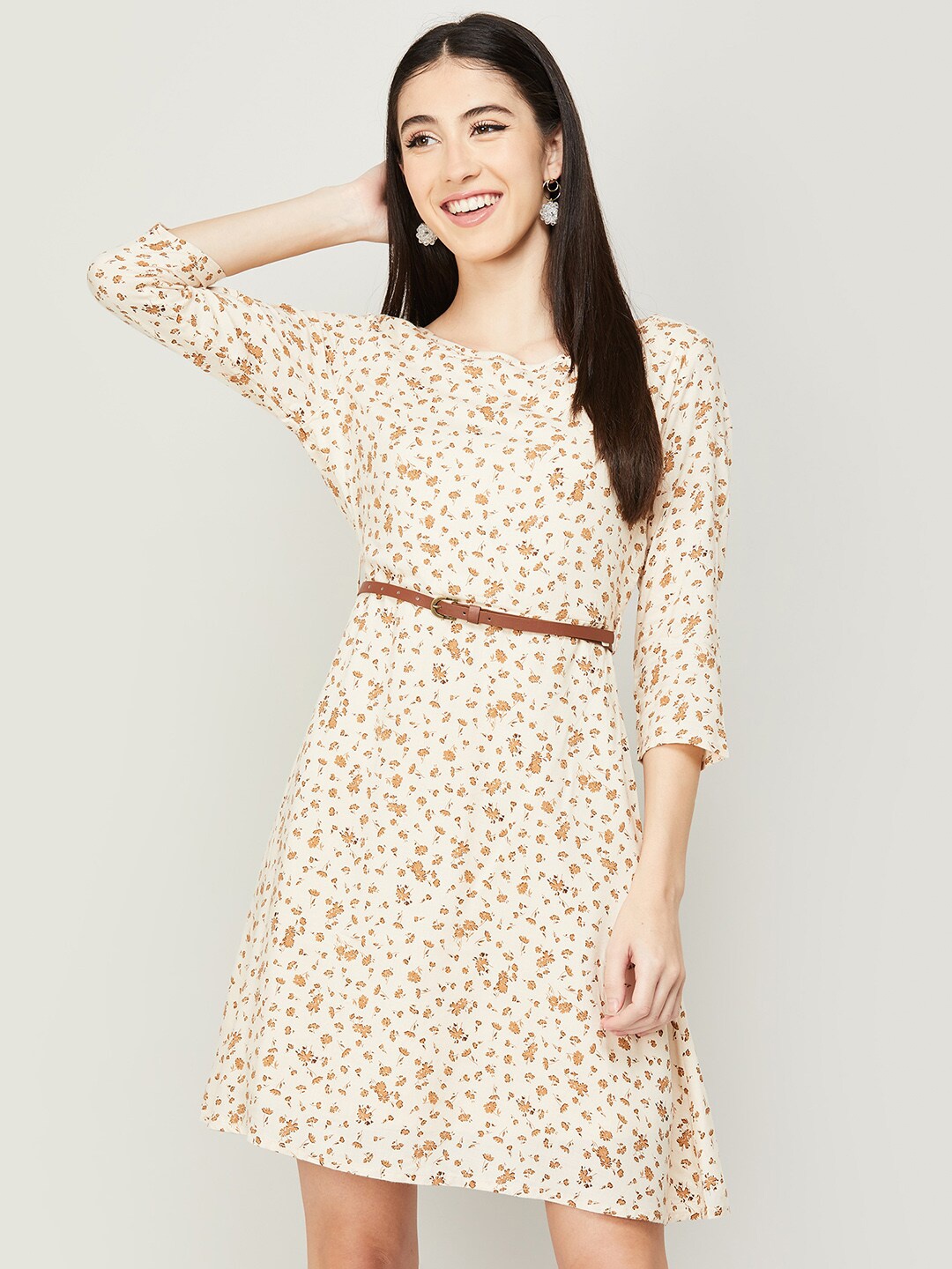 

CODE by Lifestyle Women Beige & Brown Floral Print A-Line Round Neck Dress