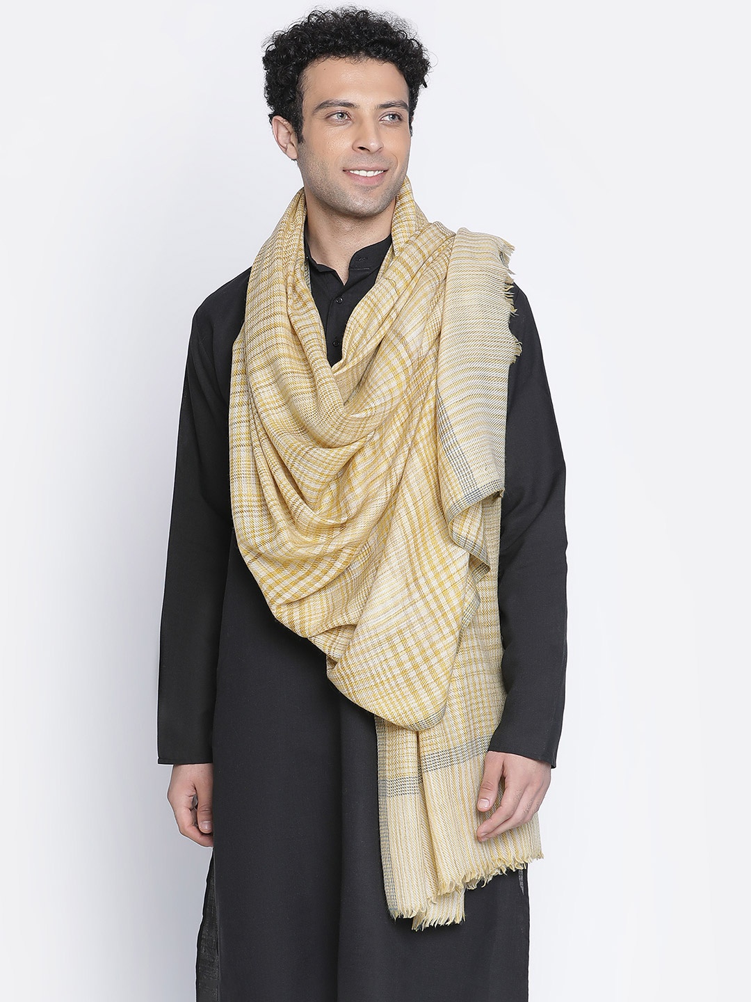 

SHINGORA Men Mustard Yellow Striped Woven-Design Shawl