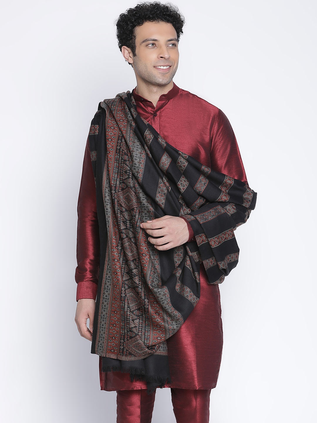 

SHINGORA Men Black Self Designed Jacquard Woolen Shawl