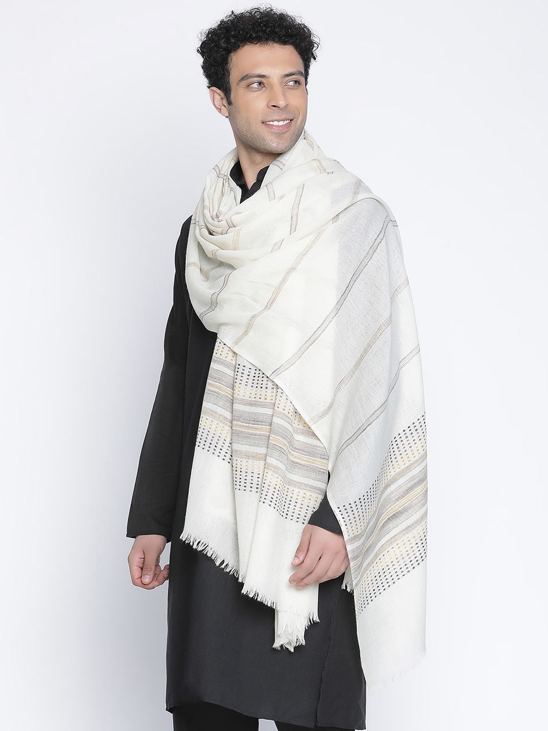 

SHINGORA Men Off White Striped Woven Design Woollen Shawl