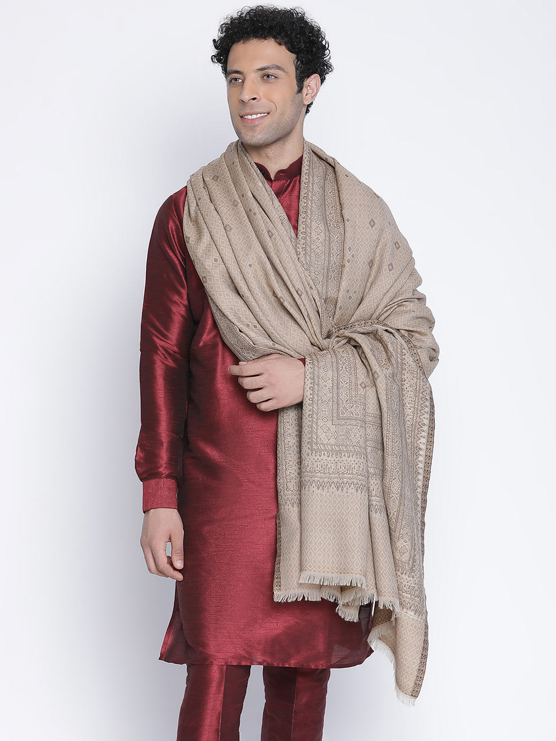 

SHINGORA Men Beige Woven Design Jacquard Woolen Shawl
