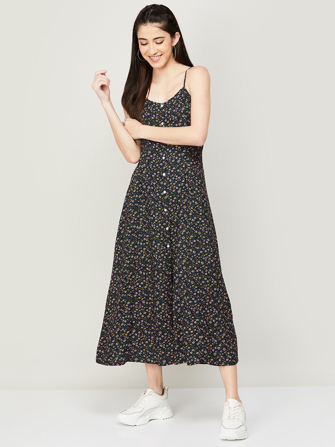 

Ginger by Lifestyle Women Navy Blue Floral A-Line Midi Dress