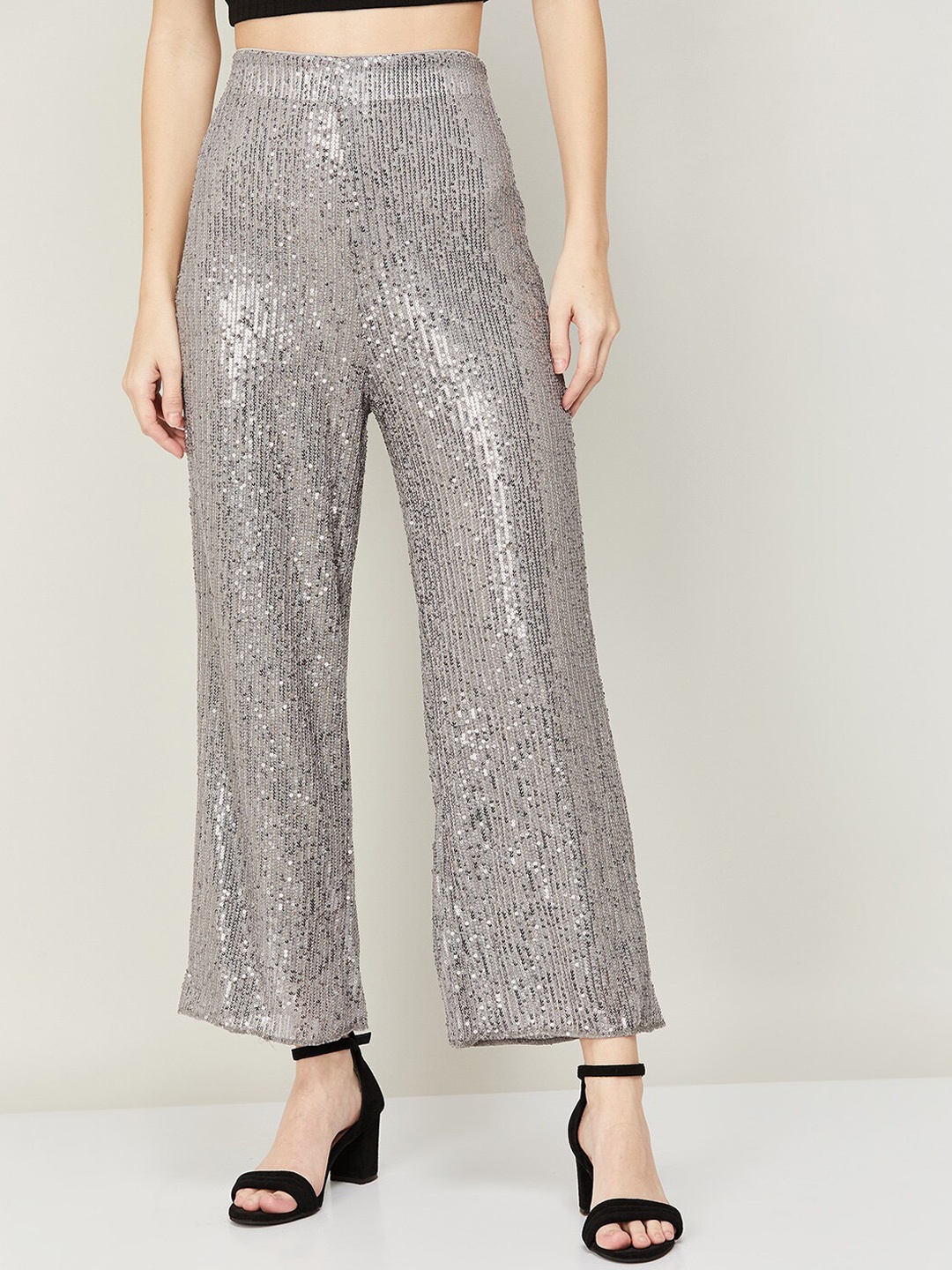 

Ginger by Lifestyle Women Silver-Toned Embellished High-Rise Trousers