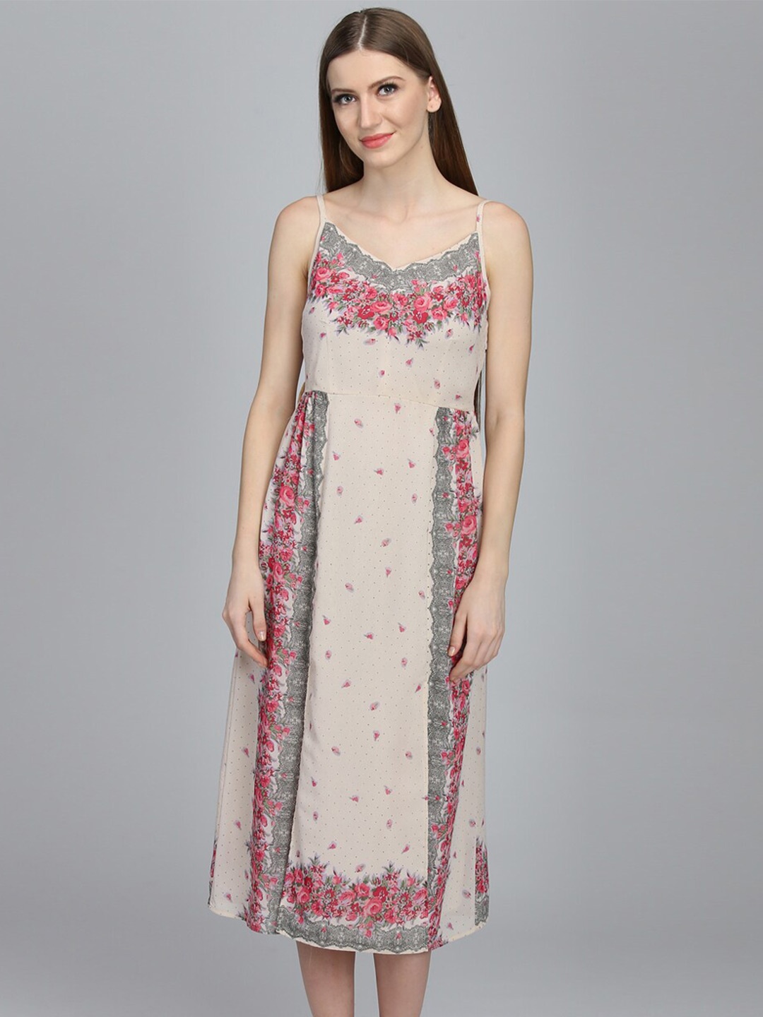

DODO & MOA Beige Floral Printed Crepe A-Line Dress