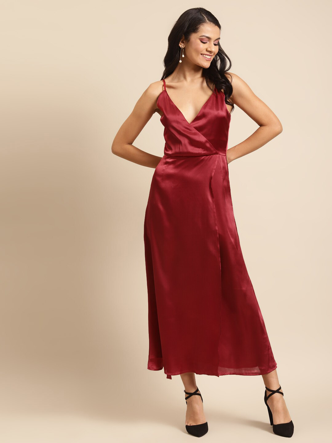 

DODO & MOA Maroon Solid Satin Maxi Dress