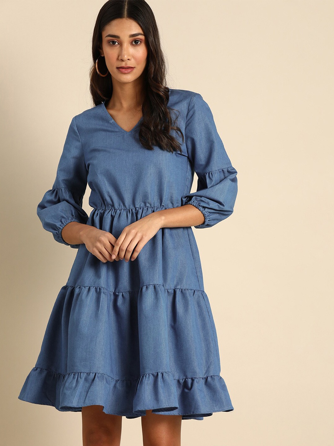

DODO & MOA Blue Denim Solid Fit & Flare Dress