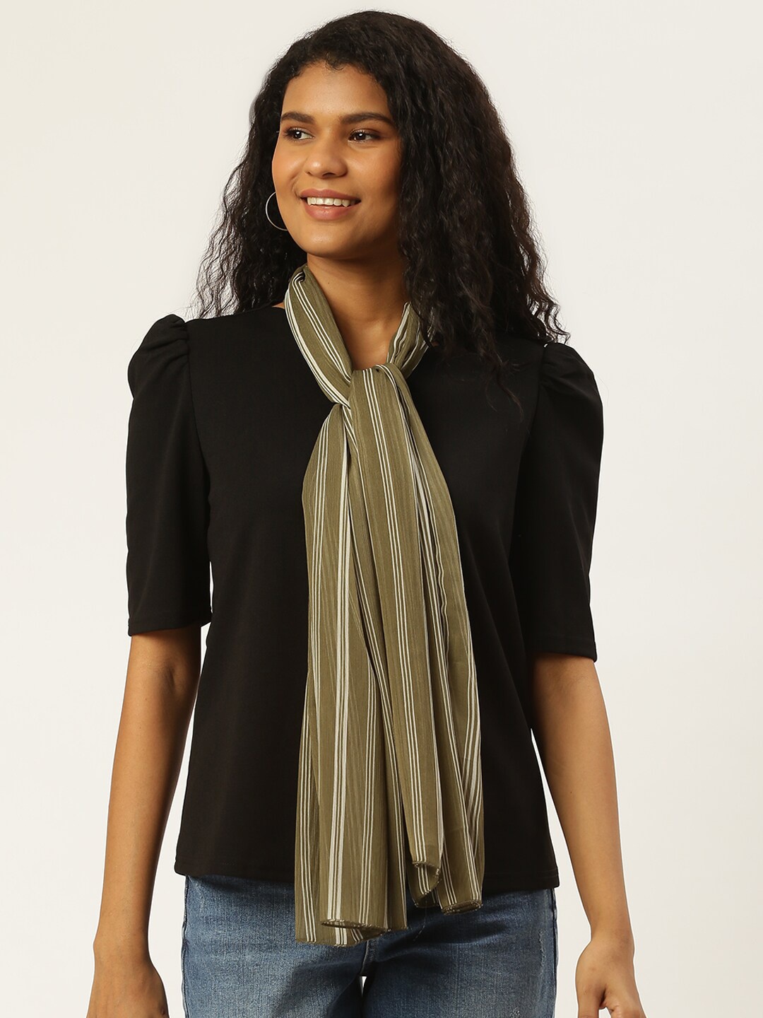

Trend Arrest Women Olive Green & White Striped Scarf