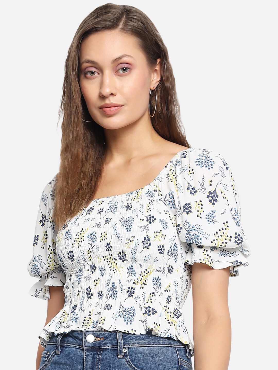 

Trend Arrest Women White & Blue Floral Printed Top