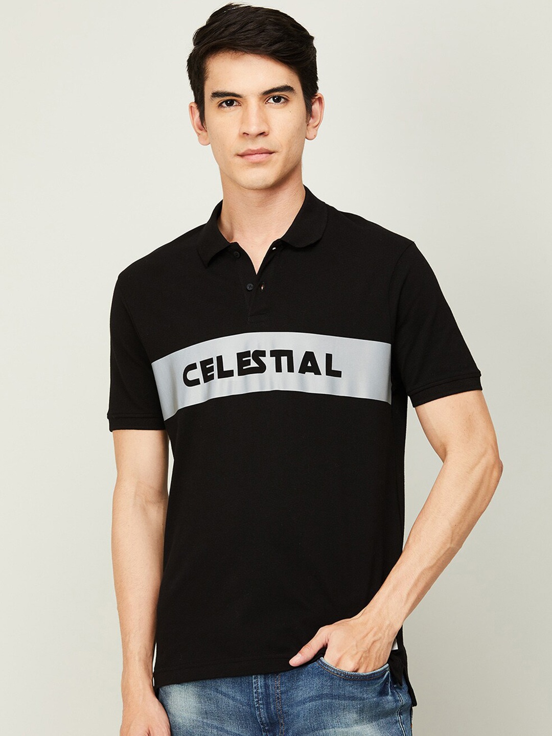 

Bossini Men Black Typography Printed Polo Collar Pure Cotton T-shirt