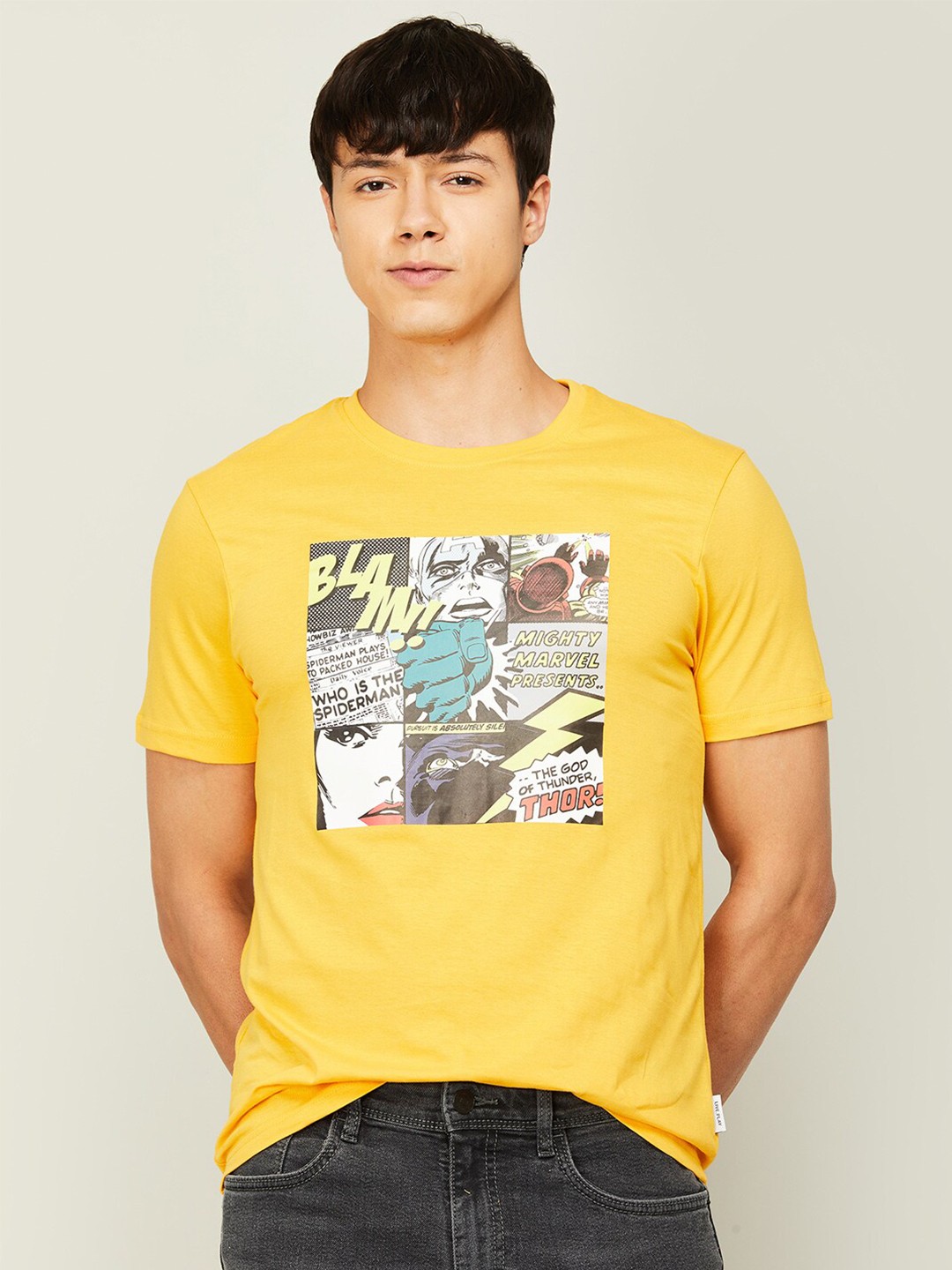 

Fame Forever by Lifestyle Men Yellow Printed Slim Fit Cotton T-shirt