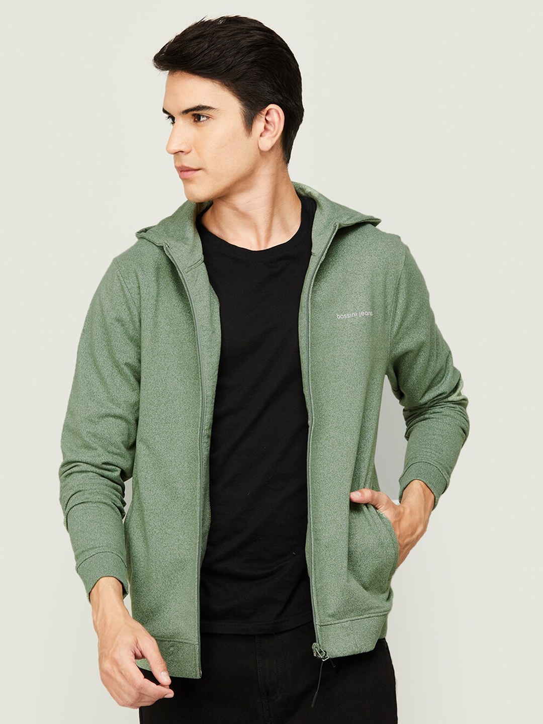 

Bossini Men Olive Green Solid Cotton Hooded Sweatshirt