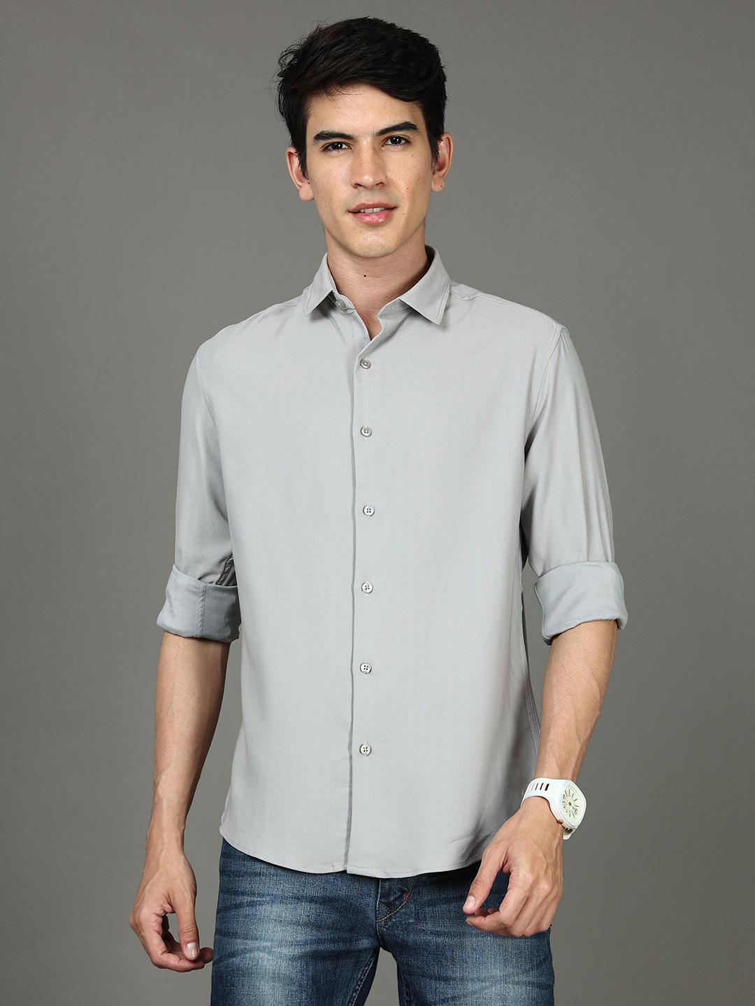 

Bushirt Men Grey Classic Cotton Casual Shirt
