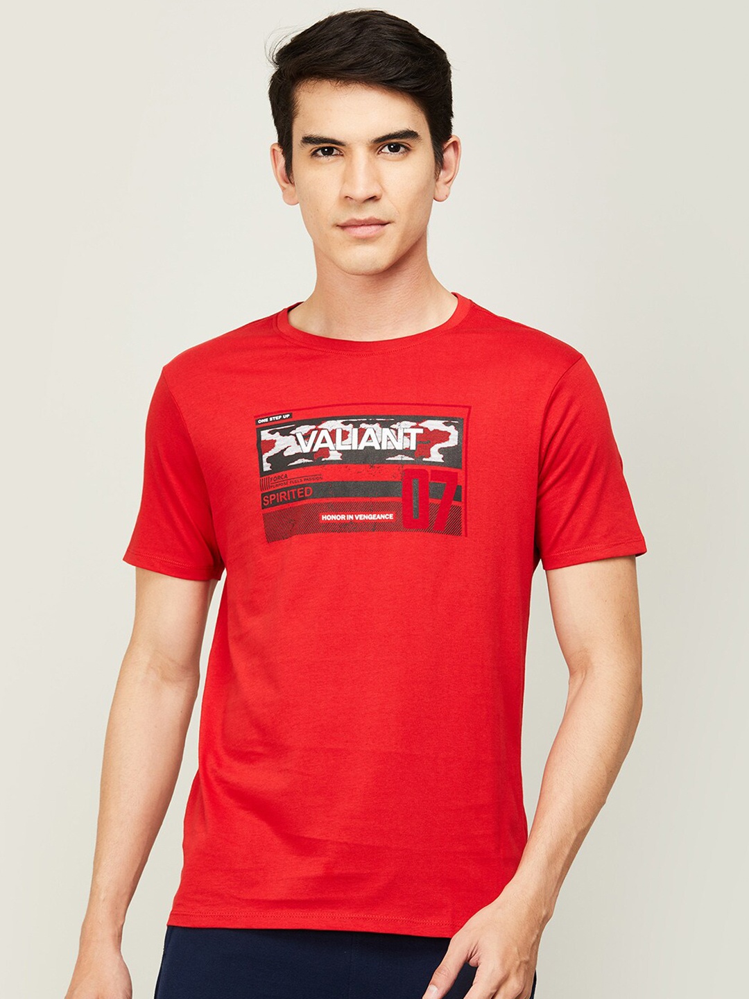 

Forca Men Red Round Neck Printed Cotton T-shirt